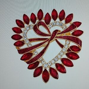 Napier Red and Gold Heart Brooch with Crystals